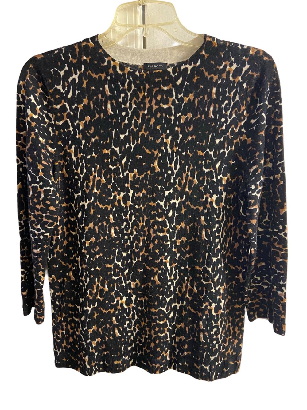 Talbots Leopard Print Crewneck Sweater Top Animal Print 3/4 Sleeve Merino Wool M